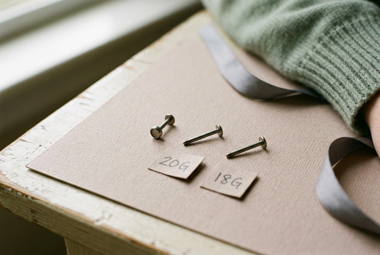 A titanium flat-back earring beside two posts labeled 20 gauge and 18 gauge on a plain surface.