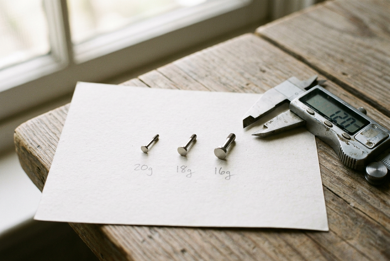 Three flat-back earring posts labeled 20g, 18g, and 16g beside a millimeter ruler and digital calipers.
