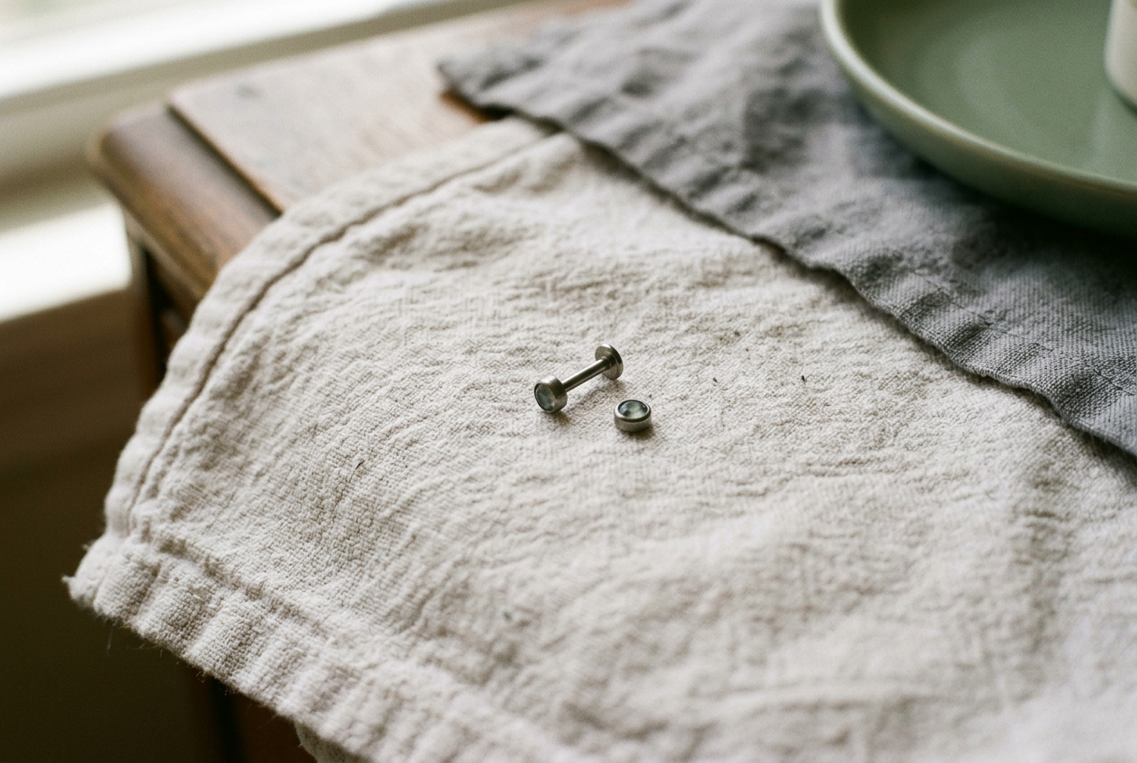 Close view of a titanium flat-back labret beside its cubic zirconia top, showing a smooth curve in the threadless pin.