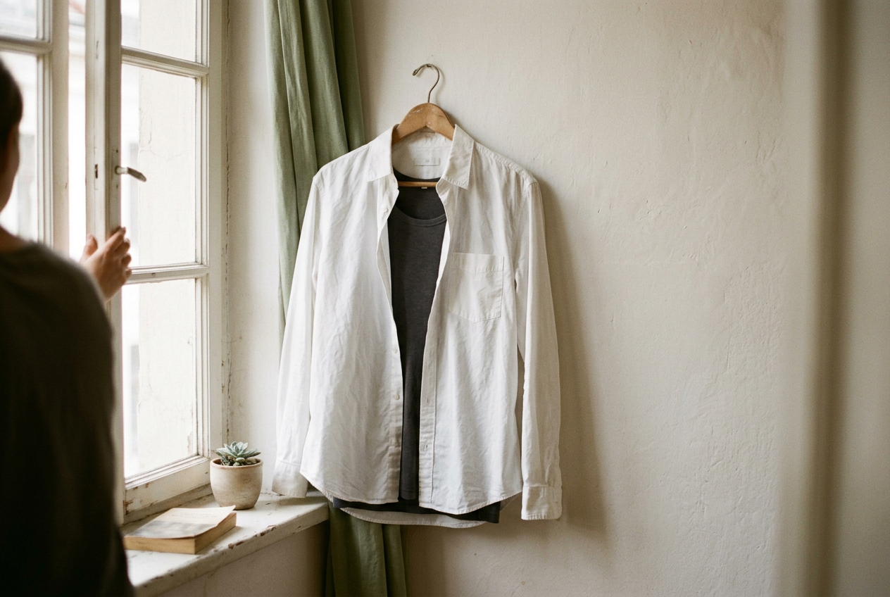 White cotton poplin shirt held near a window with a charcoal tank visible through its single-layer body.