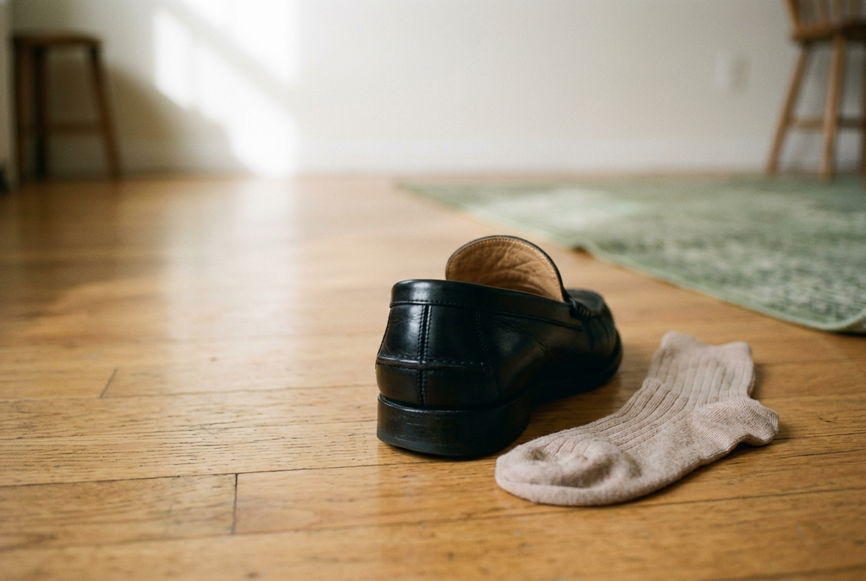 Close view of a black leather loafer heel showing its firm back, leather lining, and raised center seam.