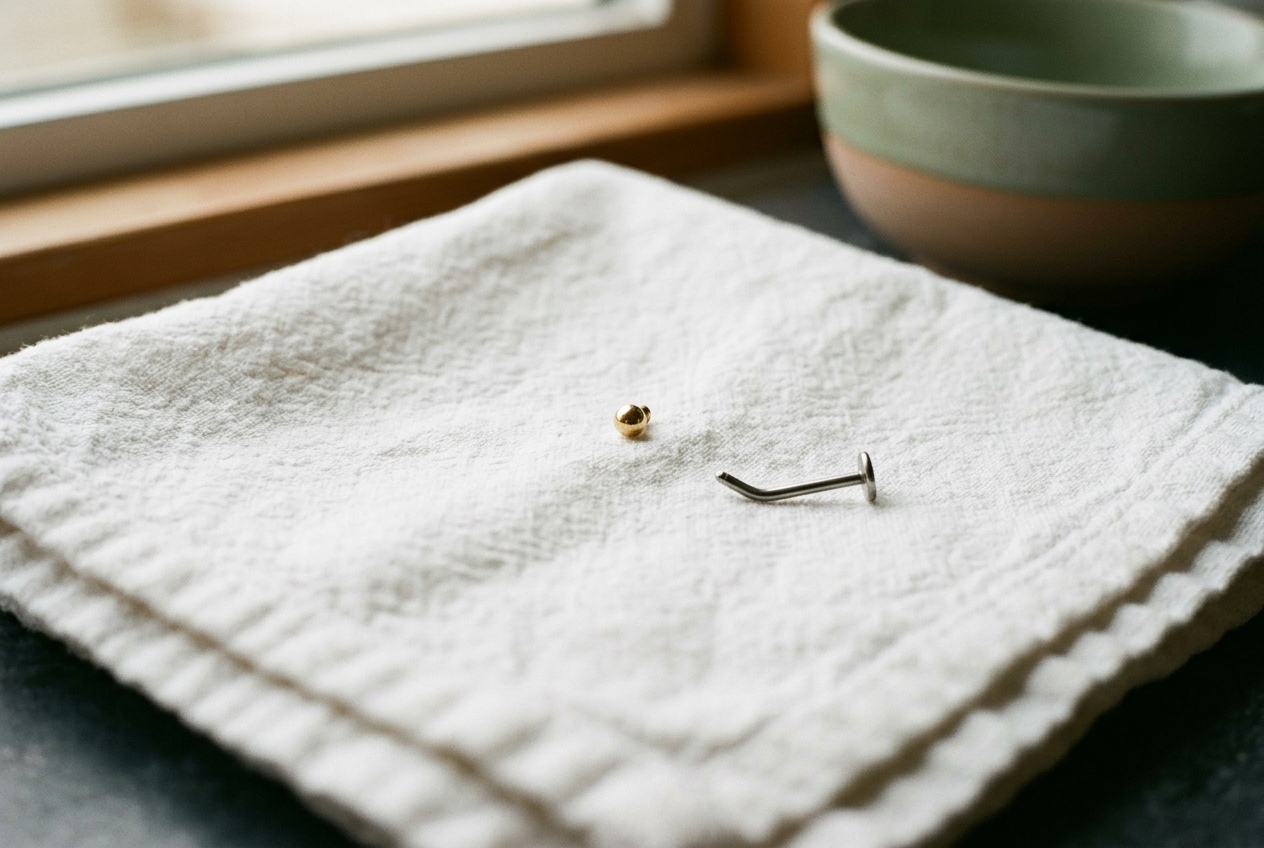 A gold threadless ball end beside a titanium flat back post on a folded white towel.