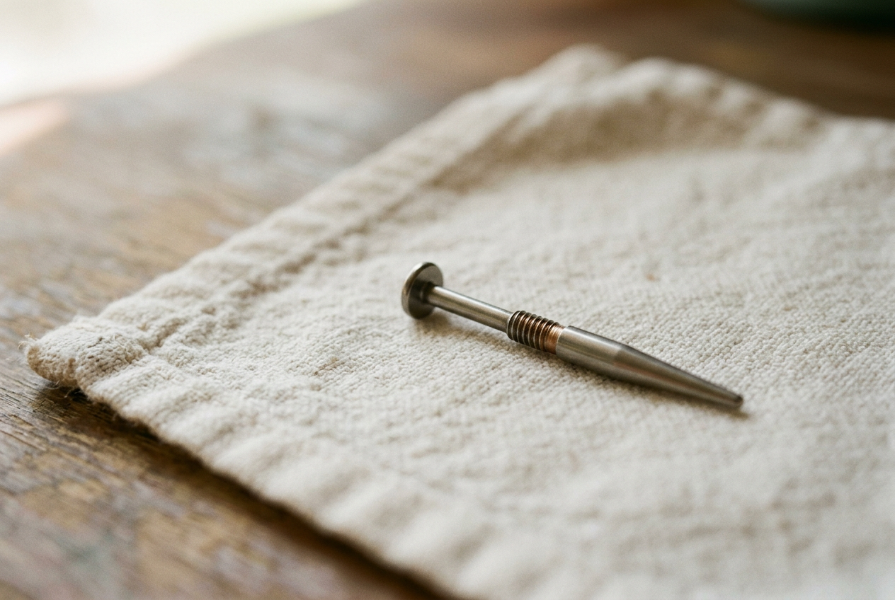An 18-gauge titanium flat back earring connected to a slim insertion taper on a clean towel.