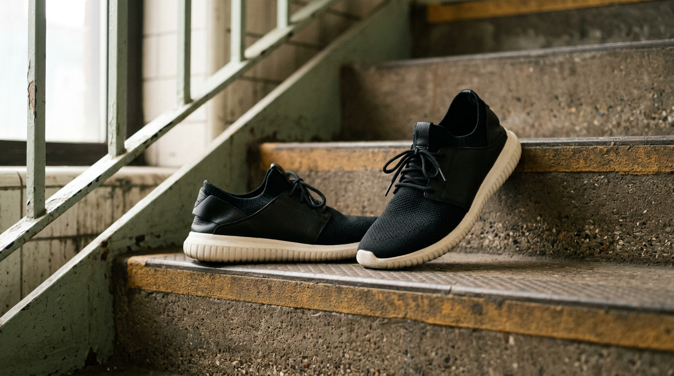 Black collapsible-heel sneaker beside a gray mesh mule at the foot of a station staircase.