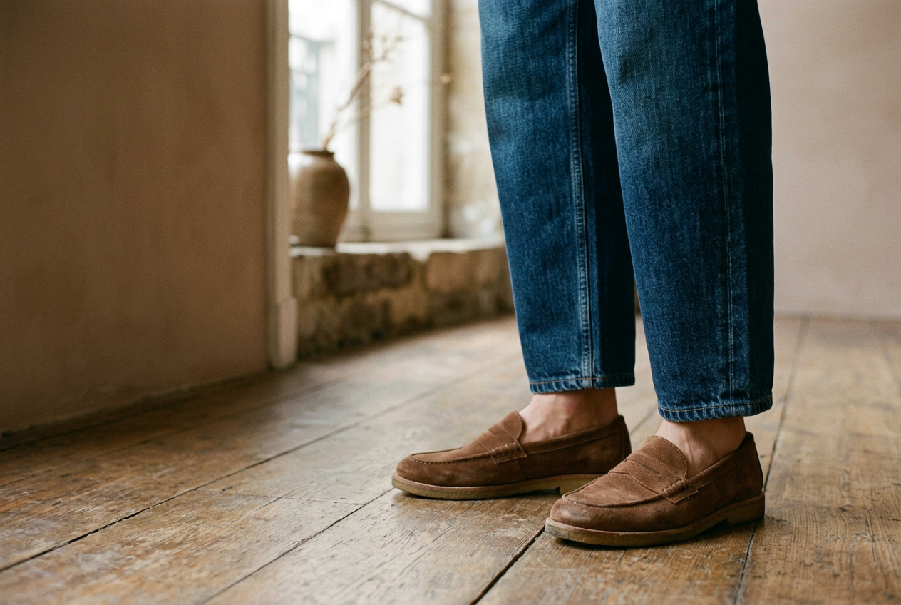 Cropped barrel-leg jeans hanging above low-profile loafers, with the curved side seam and original hem visible.