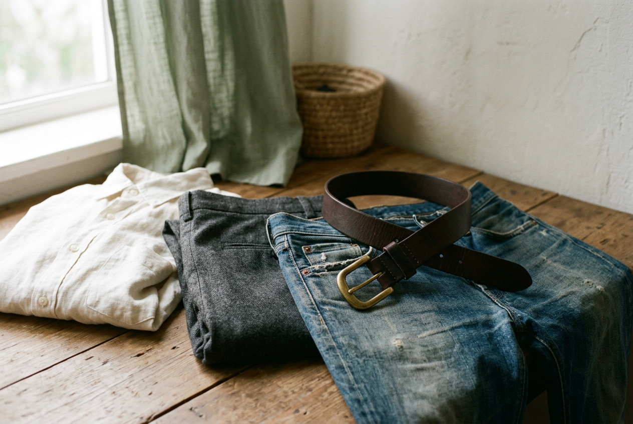 Dark-chocolate and black leather belts beside navy trousers, faded jeans, gray wool, and an ivory cotton shirt.