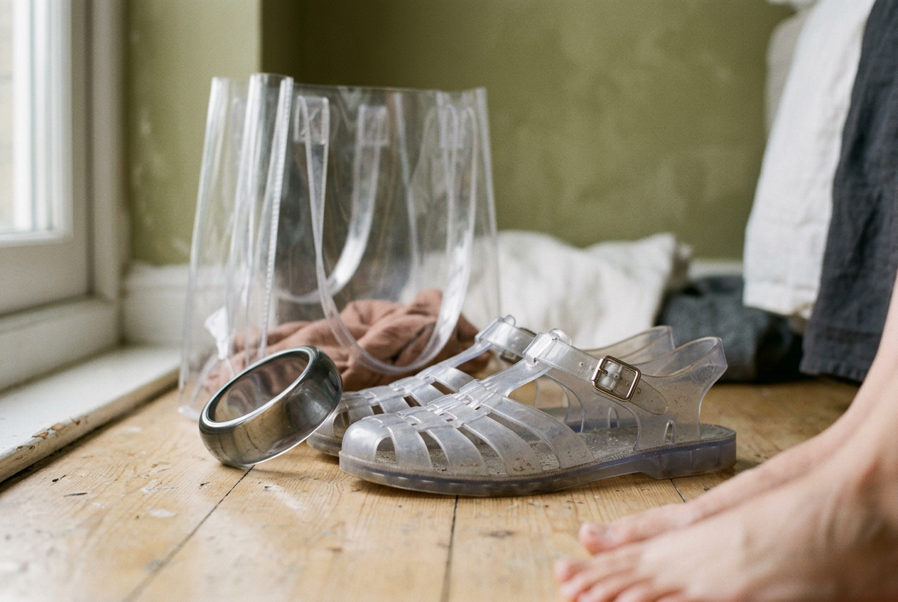 Clear jelly fisherman sandals beside a smoke-tinted resin bangle and a softly scratched transparent tote.