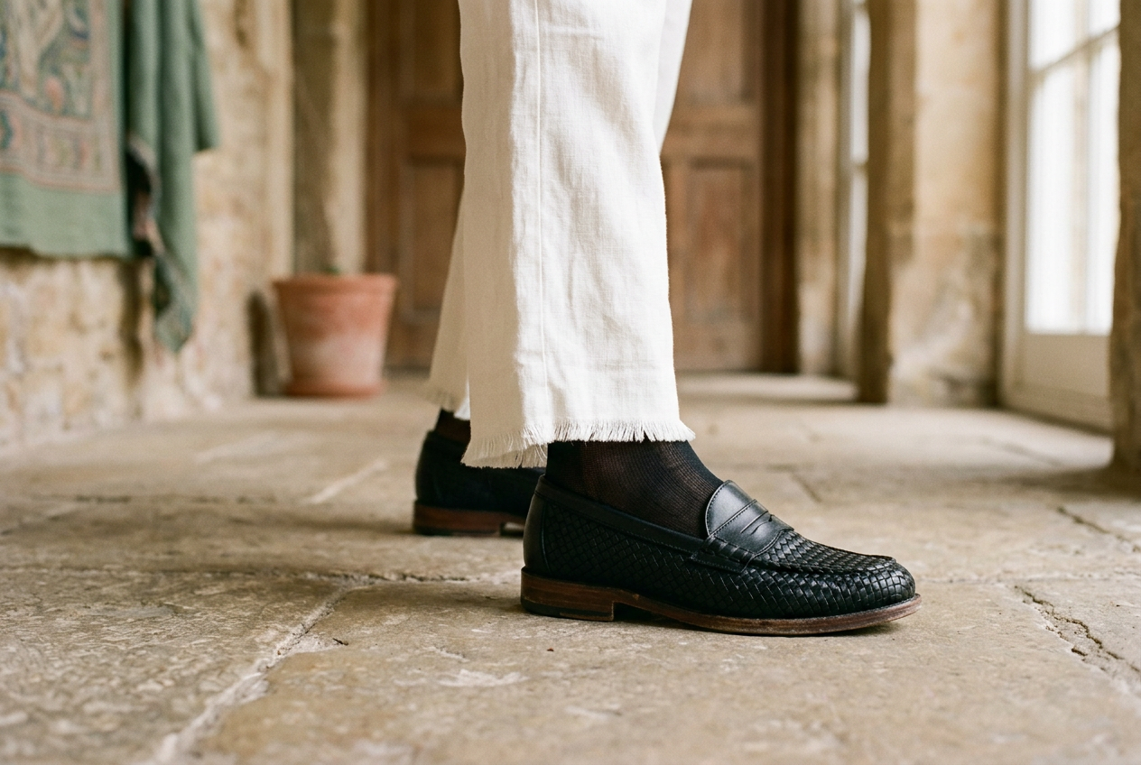 Ivory linen trousers meeting black woven-leather loafers, with thin black socks barely visible at the vamp.