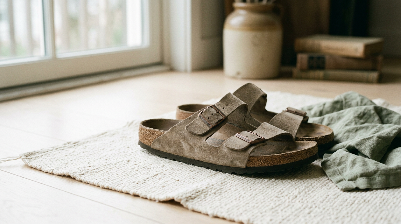A worn Birkenstock Arizona beside a dry cloth, showing a dark suede mark and roughened cork edge.
