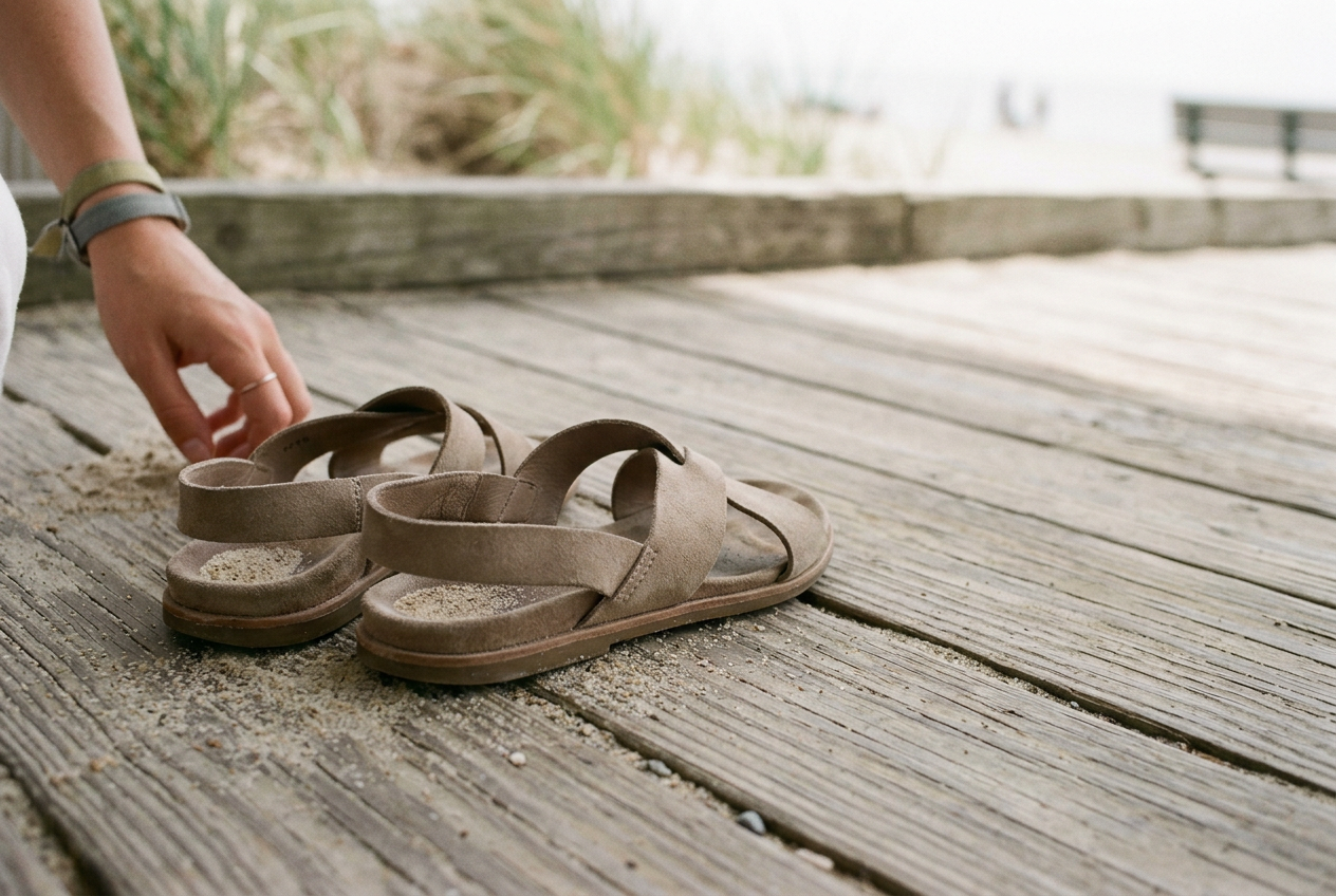 Two-strap cork sandals with sand caught in the suede-lined heel cup and toe grip.