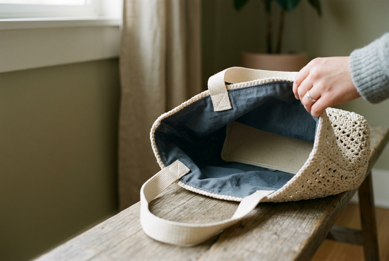 A cream cotton openwork tote turned partly inside out to show its fitted lining, reinforced base and bound handles.