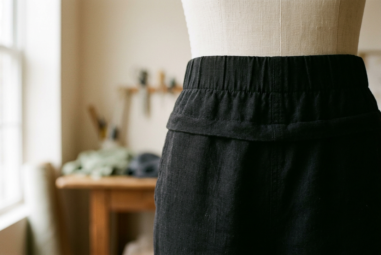 Close view of black pull-on trousers showing a horizontal fabric fold below a wide elastic waistband.