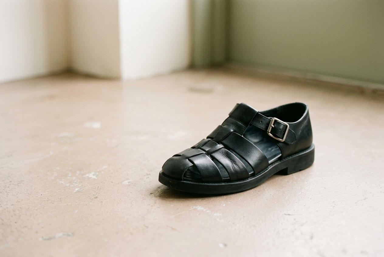 Black leather fisherman sandals on a hard floor, showing the closed toe cage, instep buckle and forefoot flex crease.