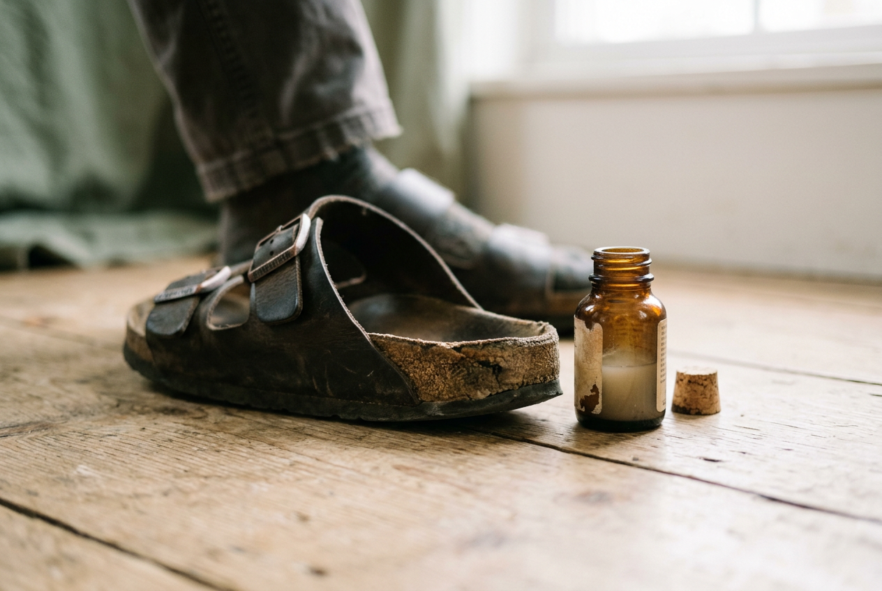 Close view of a worn cork sandal edge with dull sealant beside a small bottle of cork sealer.