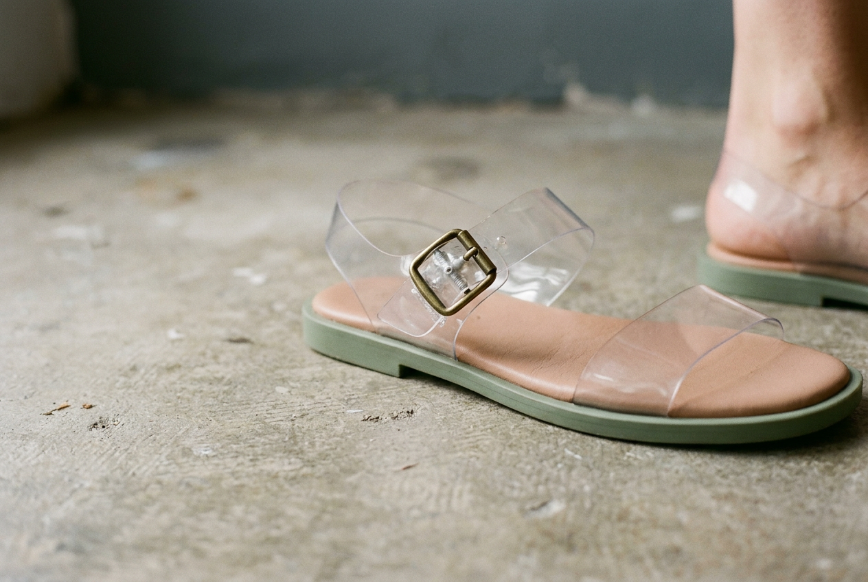 Clear two-buckle jelly sandals showing a creased PVC strap beside the forefoot buckle.