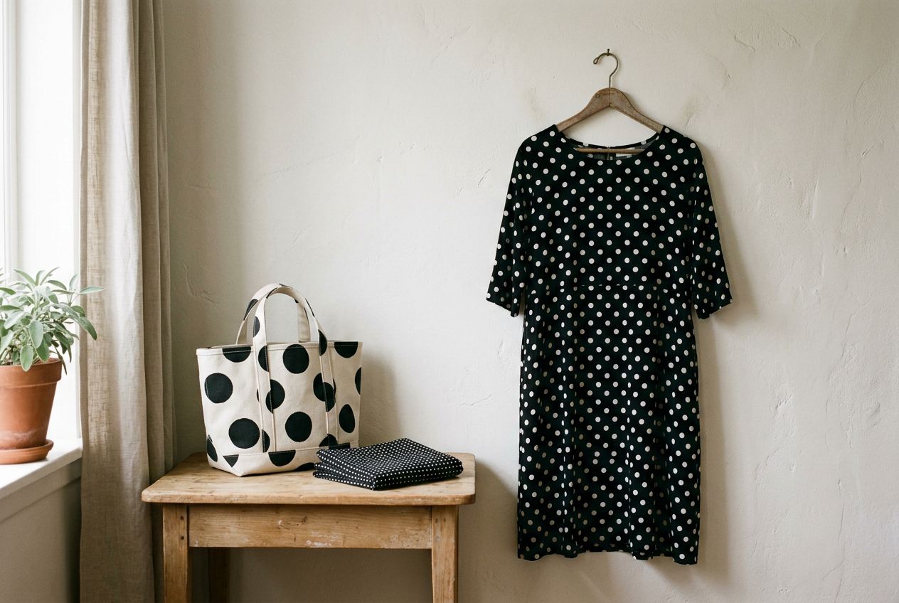 Black-and-white polka-dot midi dress beside a pin-dot scarf and a structured bag with oversized spots.