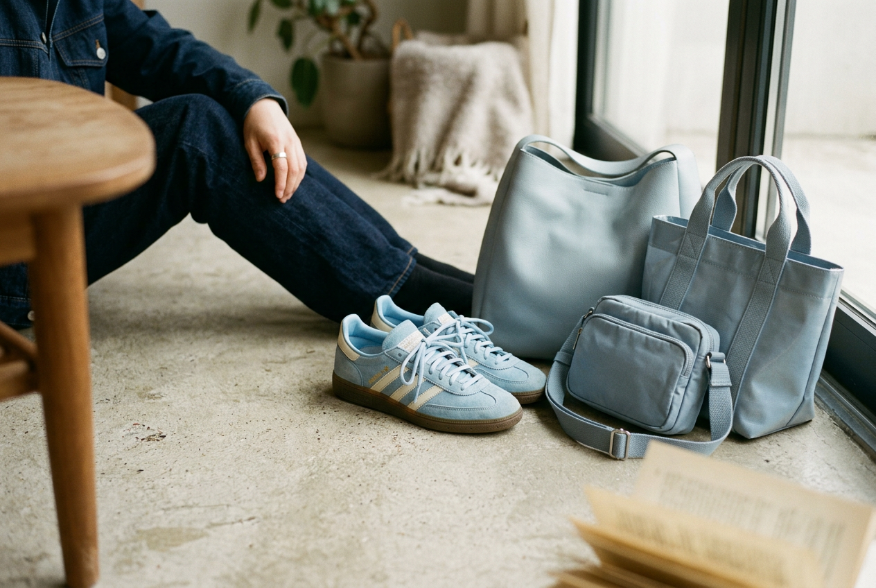 Powder-blue suede sneakers beside a smooth leather bag, nylon tote and coated crossbody on a plain bench.