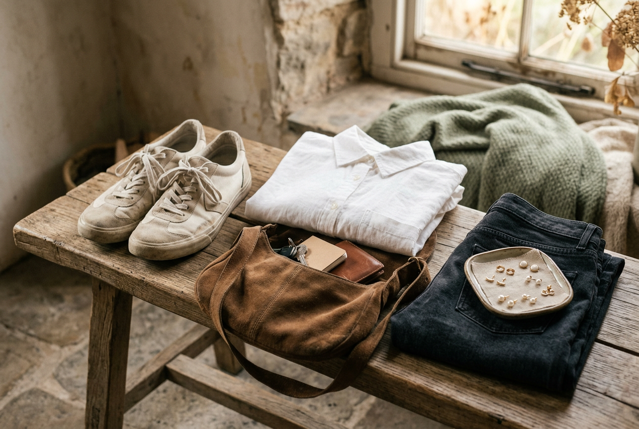 Sneakers, a white button-up, a soft suede bag and flat-back earrings arranged for a September wear test