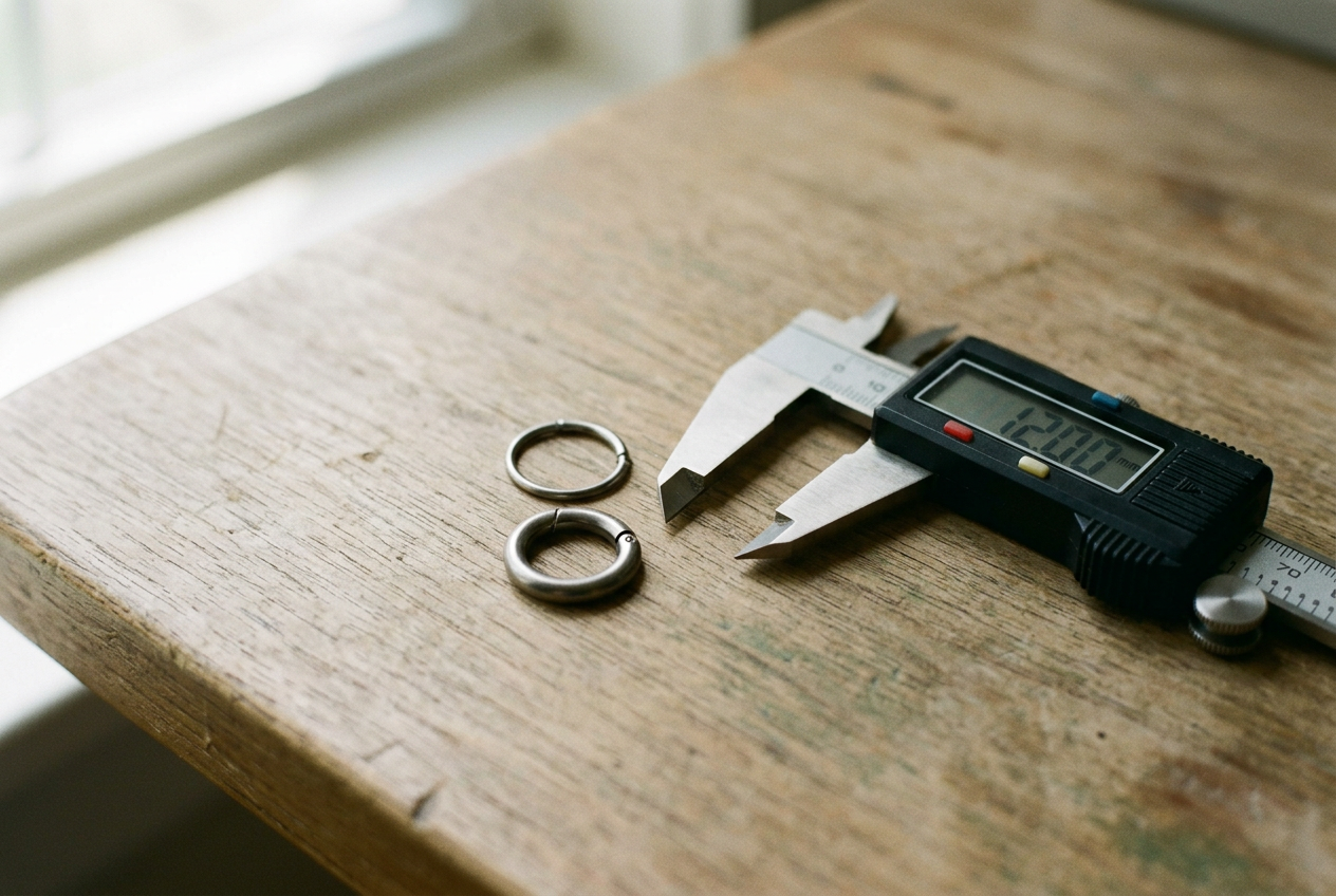 Two open titanium hoop earrings beside a caliper, showing a small thick ring and a larger thin ring.