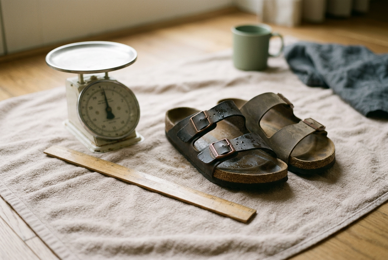 A wet Birkenstock Arizona beside a ruler, kitchen scale and dry matching sandal on a towel.
