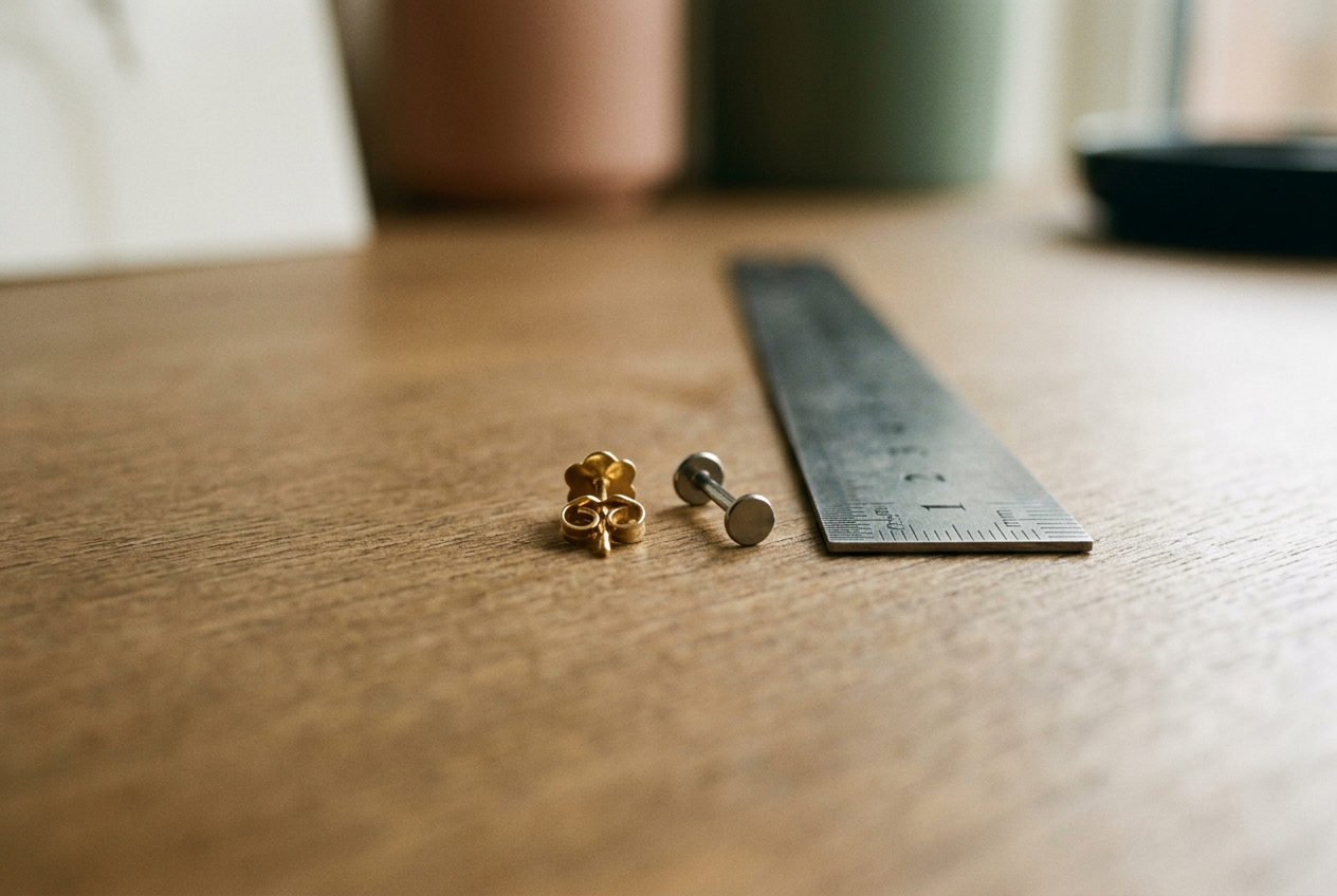 A 20-gauge gold stud beside an 18-gauge titanium flat-back earring on a plain tray.