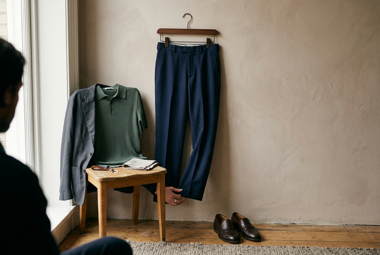 Navy lightweight trousers with a rib-knit polo and low-profile loafers arranged beside an unlined jacket.