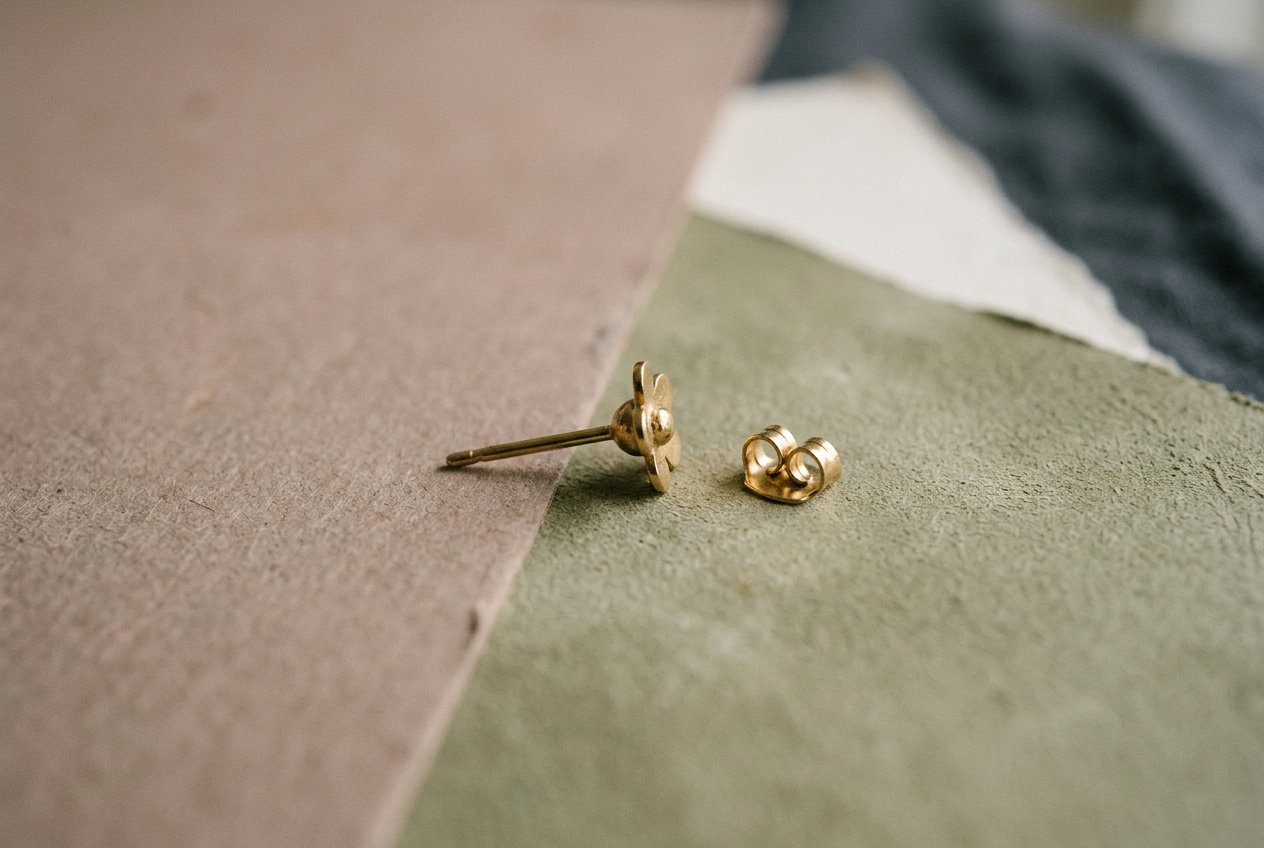Close view of a gold-tone flower stud showing its titanium post, soldered base and separate butterfly back.