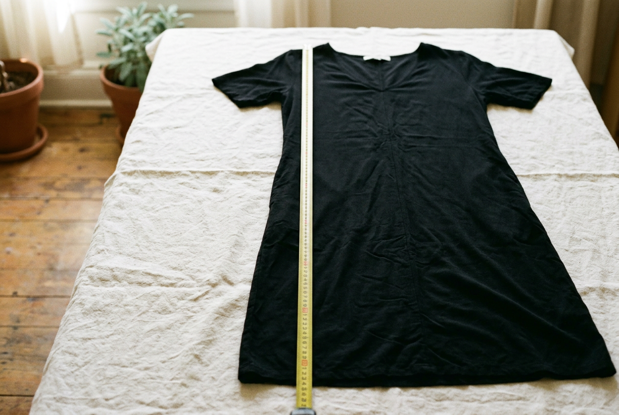 Black viscose midi dress laid flat with a tape measure beside the center-front hem and side seam.