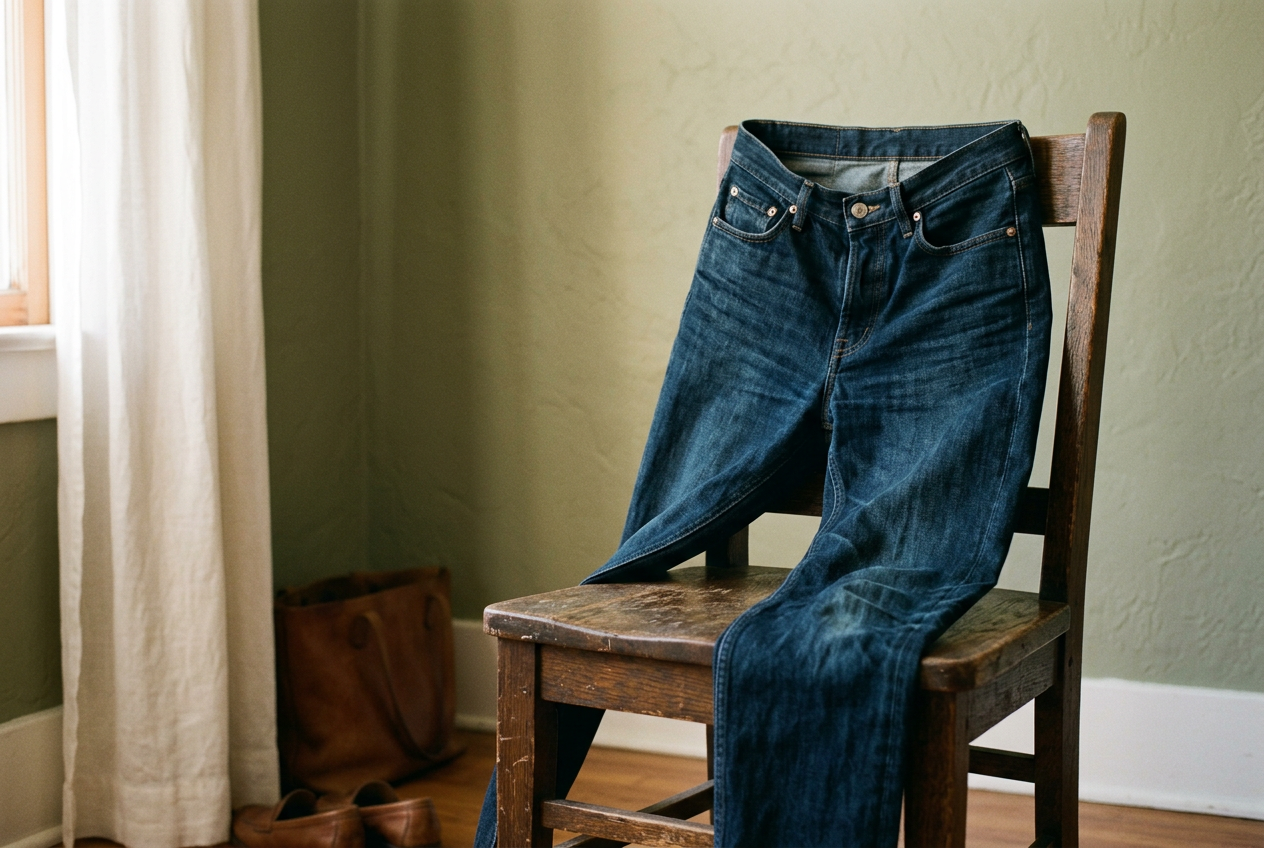 Dark-wash stretch jeans on a chair showing soft knee folds and looseness below the seat after wear.