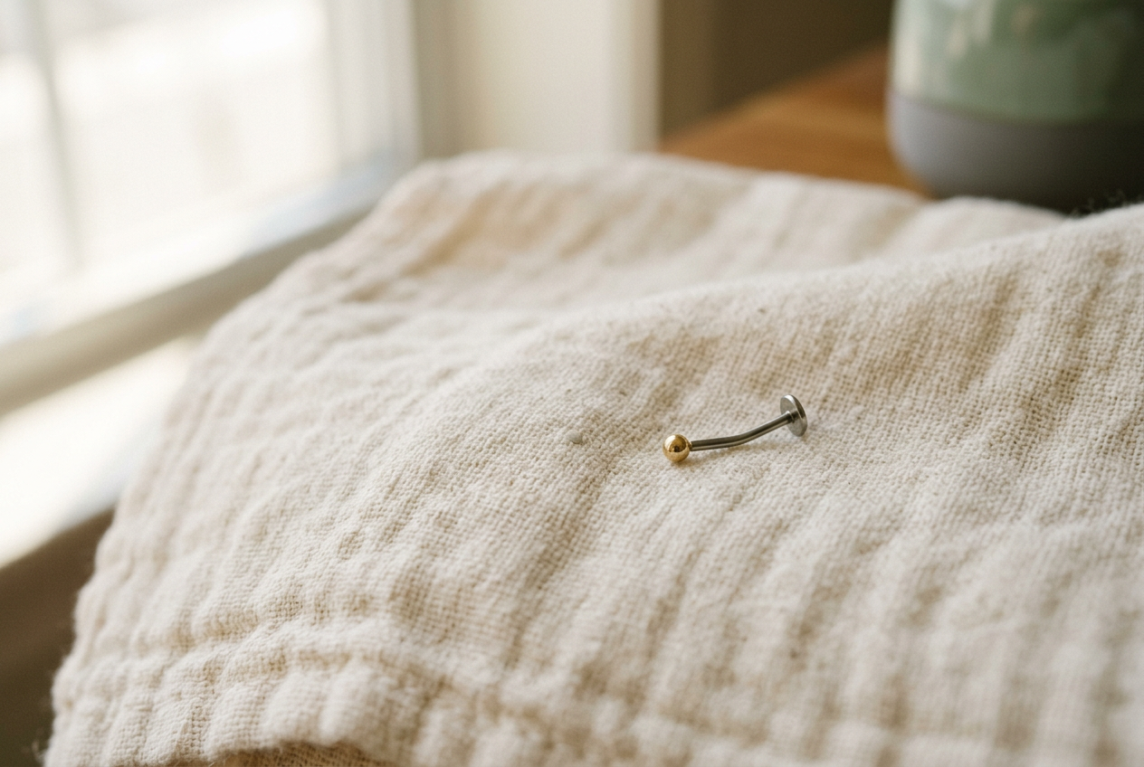 Close view of a gold threadless bead beside a titanium flat-back post, showing the pin’s shallow bend.